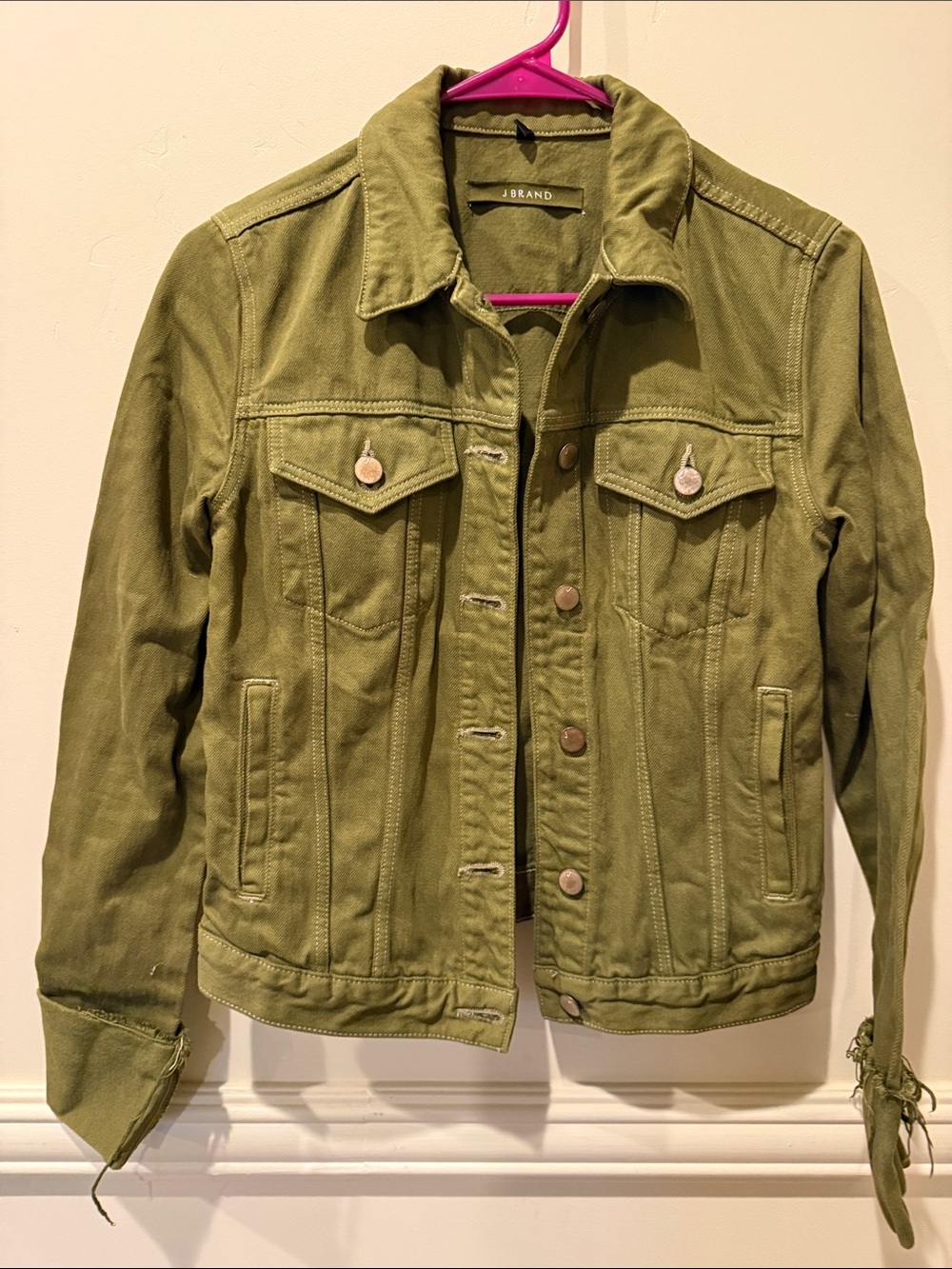 J Brand DarkOlive Green Jean Jacket Frayed cuffs Size XS